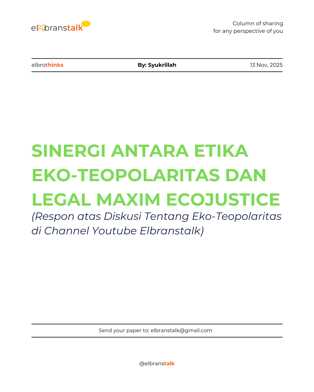 Sinergi Antara Etika Eko-Teopolaritas dan Legal Maxim Ecojustice