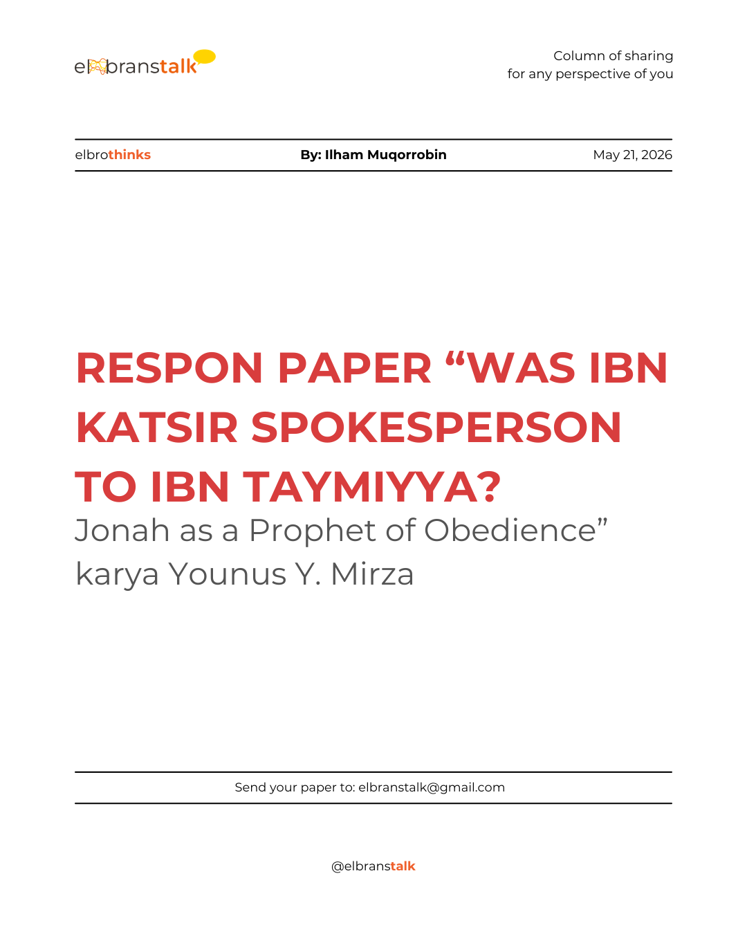 Respon paper “Was Ibn Katsir Spokesperson to Ibn Taymiyya?”